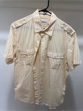 Calvin Klein Pale Yellow Striped Short-Sleeve Button-Down Shirt